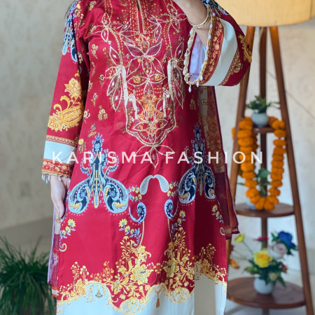 Premium Work Mirror Embroidery Dubai Silk 3-Piece Set (A-4001)