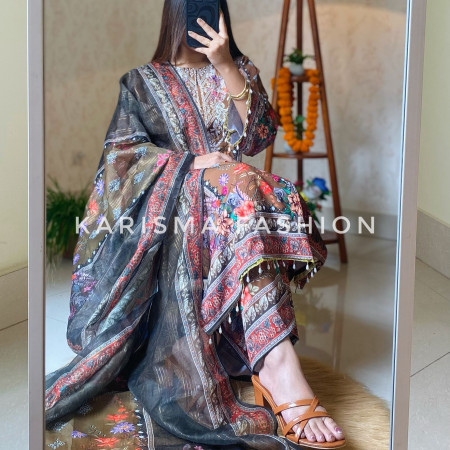 Premium Work Mirror Embroidery Dubai Silk 3-Piece Set (A-4001)