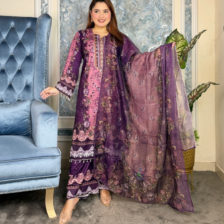 Premium Work Mirror Embroidery Dubai Silk 3-Piece Set (A-2001)