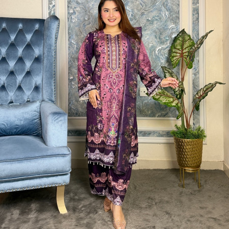 Premium Work Mirror Embroidery Dubai Silk 3-Piece Set (A-2001)