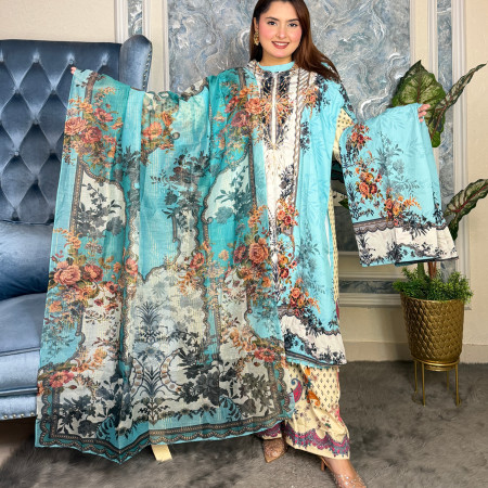 Premium Work Mirror Embroidery Dubai Silk 3-Piece Set (A-2001)