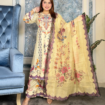 Premium Work Mirror Embroidery Dubai Silk 3-Piece Set (A-3001)