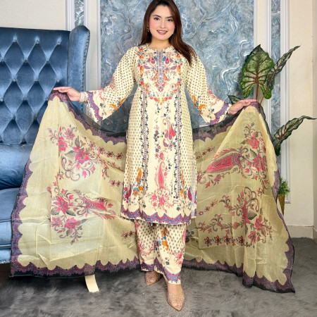 Premium Work Mirror Embroidery Dubai Silk 3-Piece Set (A-3001)