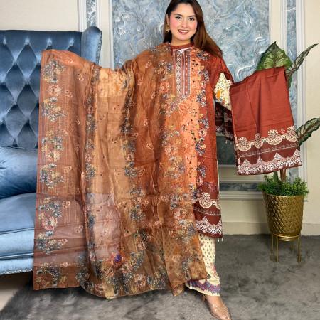 Premium Work Mirror Embroidery Dubai Silk 3-Piece Set (A-3001)
