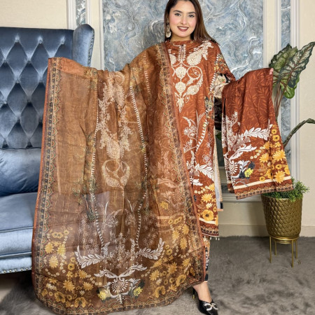 Premium Work Mirror Embroidery Dubai Silk 3-Piece Set (A-8001)
